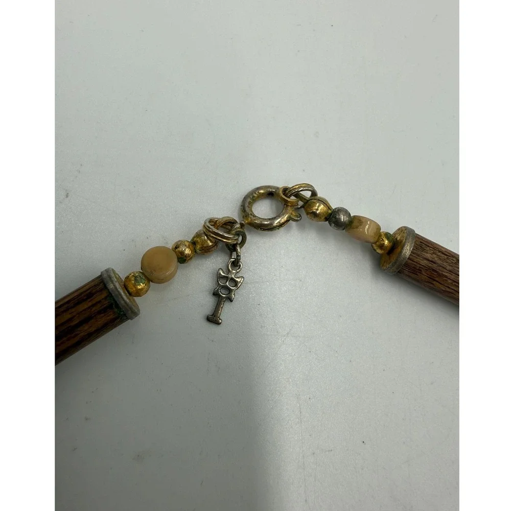Vintage Trifari Wood Tube Bead Necklace Gold Tone Mixed Metal‎ Earthy Boho 22